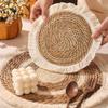 1pc Handwoven Cattail Grass Table Placemats, Round Tassel Decorative Mats, Tabletop Decor, Heat Insulation Pads, Boho Kitchen Decor, Coffee Coasters