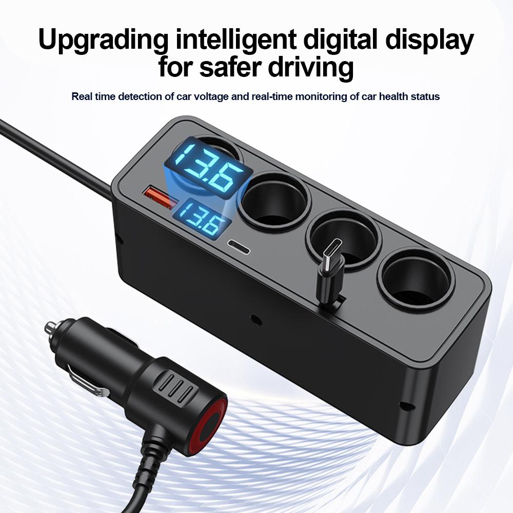 Adaptador de Acendedor de Cigarros para Carro 120W QC3.0+PD30W Carregamento Rápido com Cabo Retrátil Display de Tensão Carregador USB para Carro 12V/24V