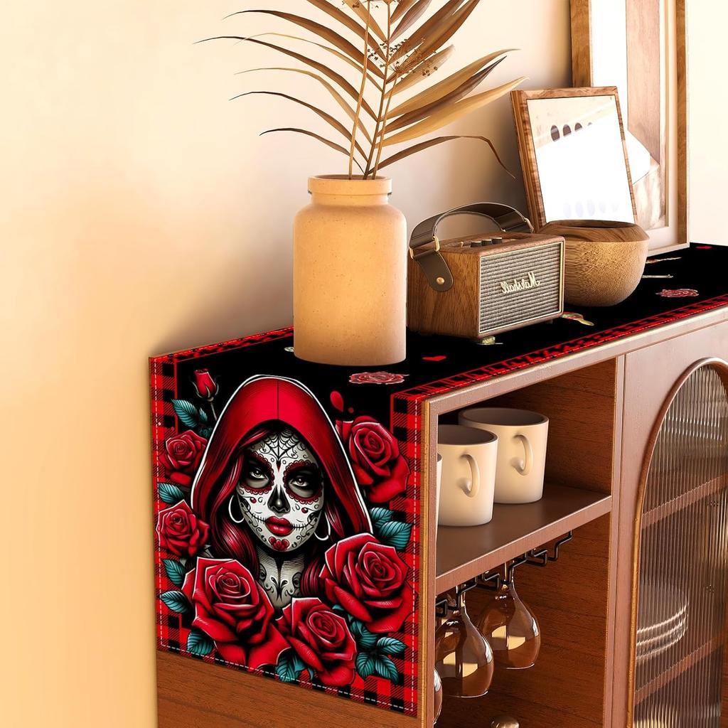 Day of The Dead Table Runner Dia De Los Muertos Tablecloth Sugar Skull Roses Mexican Fiesta Halloween Party Decoration and Supplies for Home Kitchen