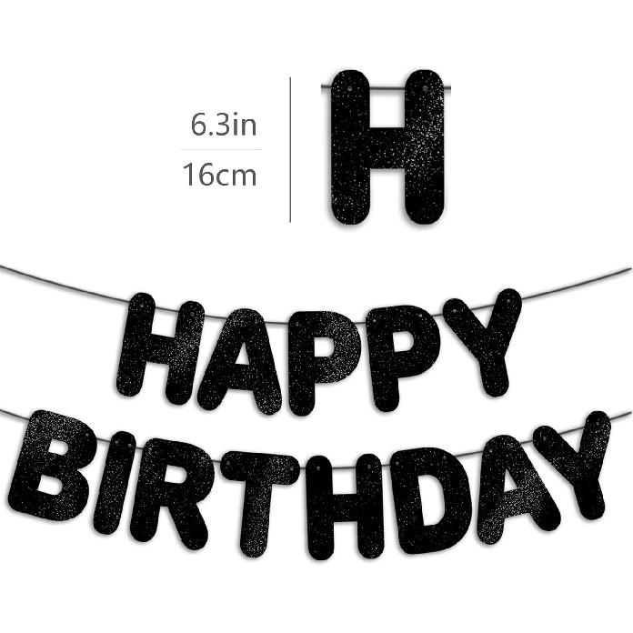 Pre-Strung Happy Birthday Black Glitter Banner, Black Birthday Party Decorations for Men, BDAY Party Backdrop Sign for Him