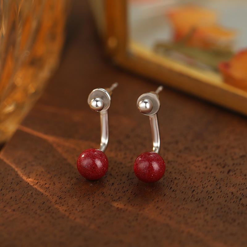 Banyan Tree S925 Silver Natural Purple Gold Sand Cinnabar Earrings for Women – High-End Red, New Autumn/Winter 2024 Style.