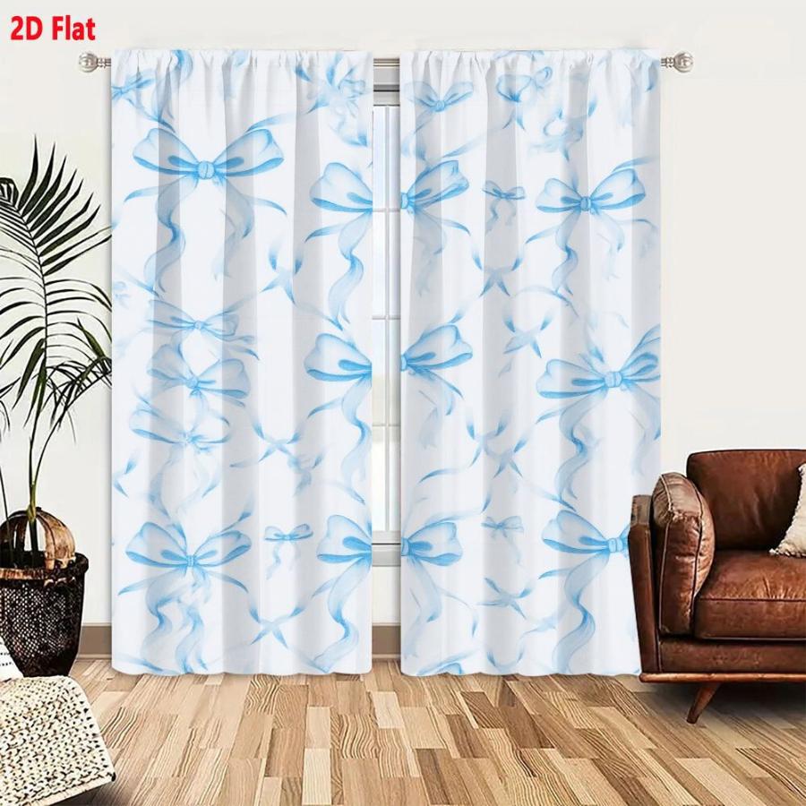 2PCS Digital Printed Curtains, Light Blue Ribbon Bow Pattern, Soft Romantic Girly Style for Living Room Bedroom Girls Room Decor