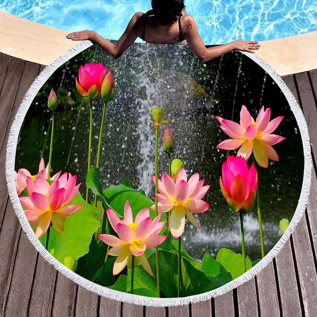Lotus Pattern Round Beach Blanket, Microfiber Quick Dry Towel with Tassels for Picnic Bathroom Pool Surfing Outdoor Meditation