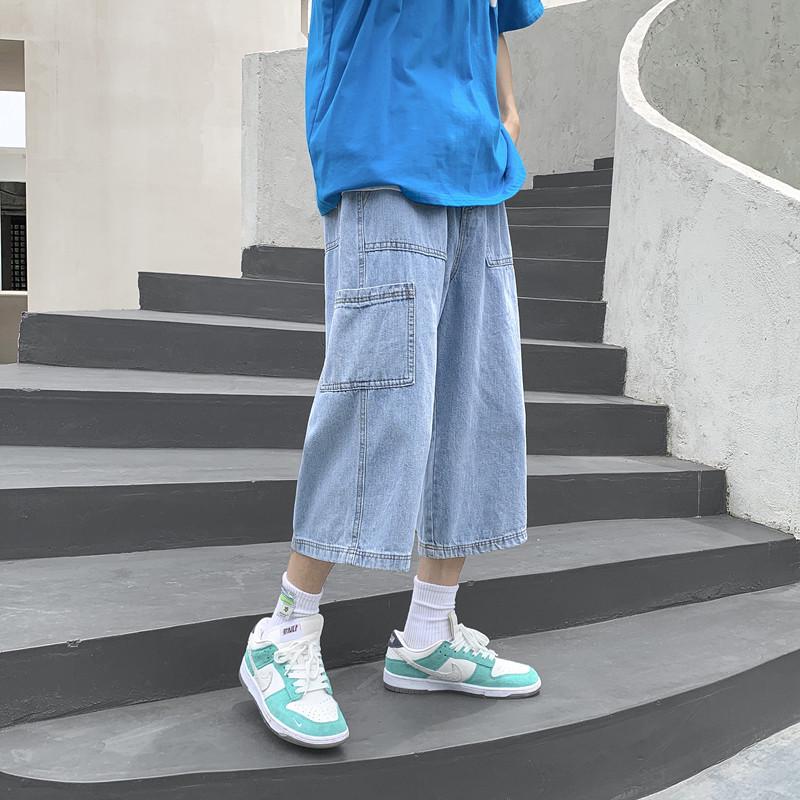 

Men s Trendy Hong Kong Style Loose Straight-Leg Summer Jeans with Versatile Big Pockets 2XL світло-синій колір