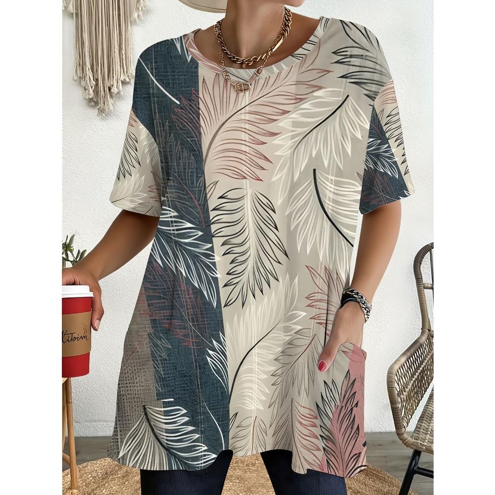 Women's Summer Short Sleeved T-shirt, 3D Printed Pocket T-shirt, Casual Plus Size T-shirt