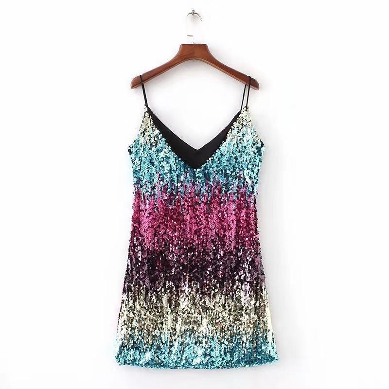 Female Sleeveless Sexy Sequin V-neck Camisole Short Skirt