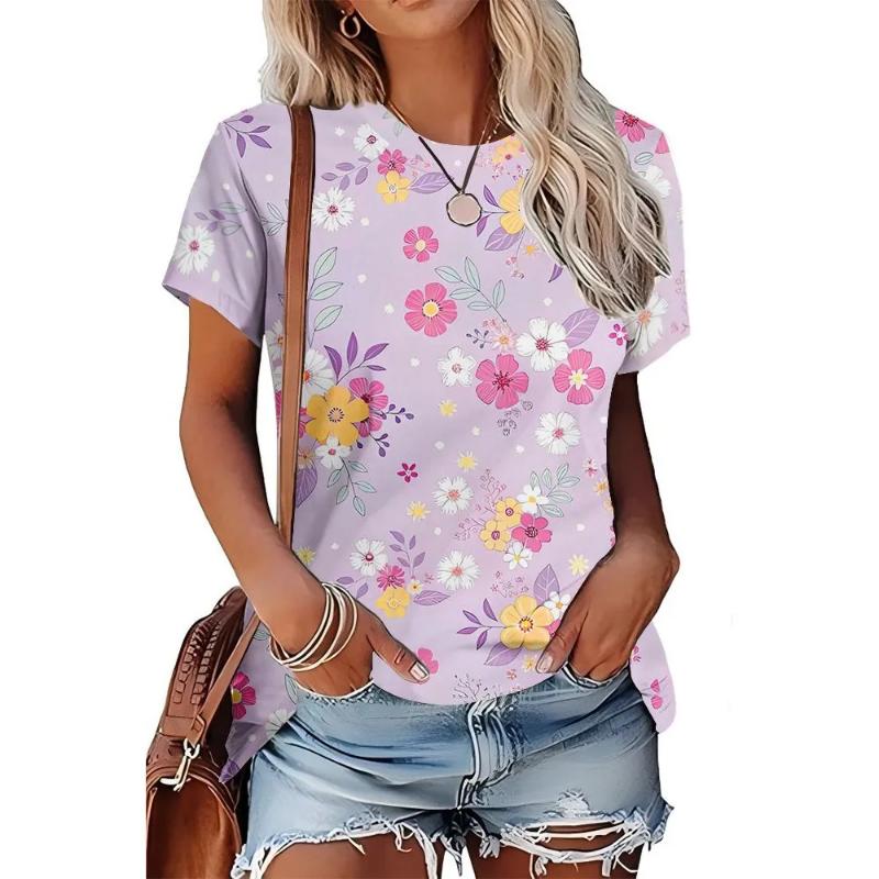 Moda para Mujer Cuello Redondo Manga Corta 3D Casual Estampado a Color Camiseta Casual de Manga Corta con Cuello Redondo