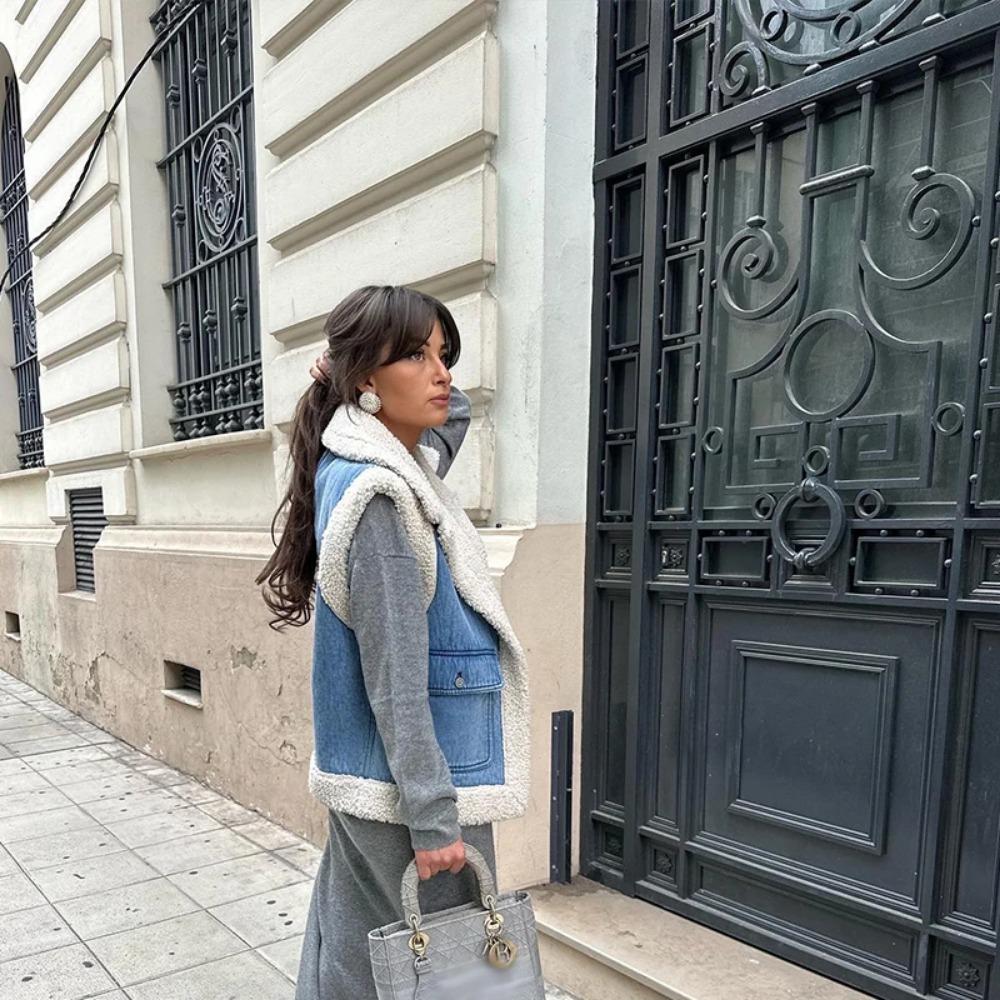 Μόδα Αμάνικο Γιλέκο από Μαλλί Αρνιού Γυναικείο Χοντρό Πατς Γυναικείο Γιλέκο Μπουφάν Φθινόπωρο Χειμώνας Ζεστό Καθημερινό Πέτο Πλούσιο Κυρία Μπλούζες