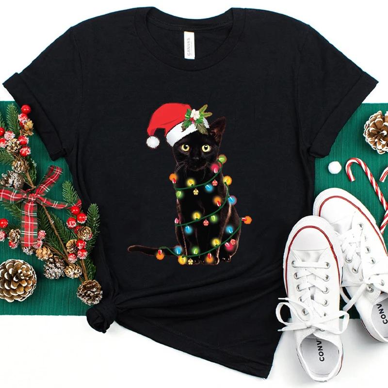 Fashion Trendy T Shirt Short Sleeve Tees for Unisex Funny Christmas Lights Cat T Shirts Female Korean Casual Streetwear Tshirt