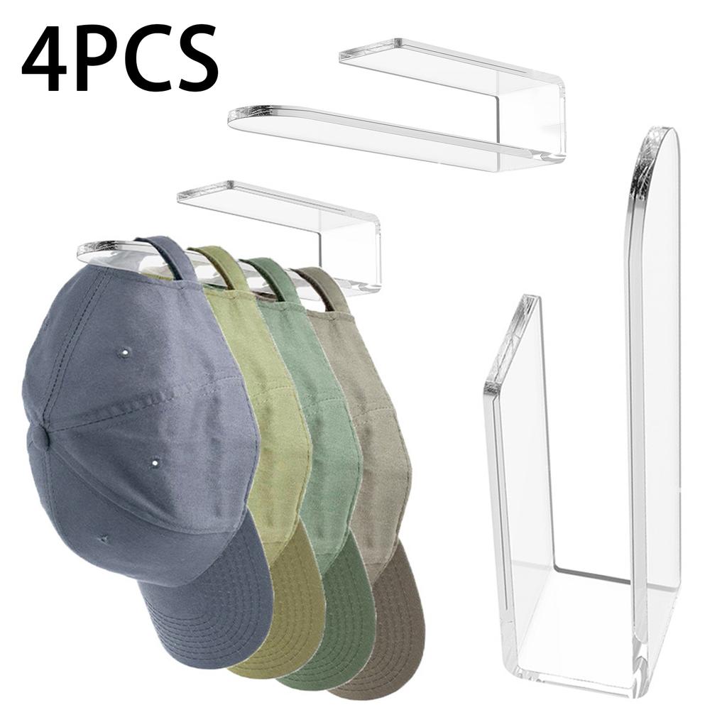 4Pcs Acrylic Baseball Caps Rack Self-Adhesive Wall Mounted Hat Hook Organizer J-Shaped Hat Storage Holder Closet Hanger