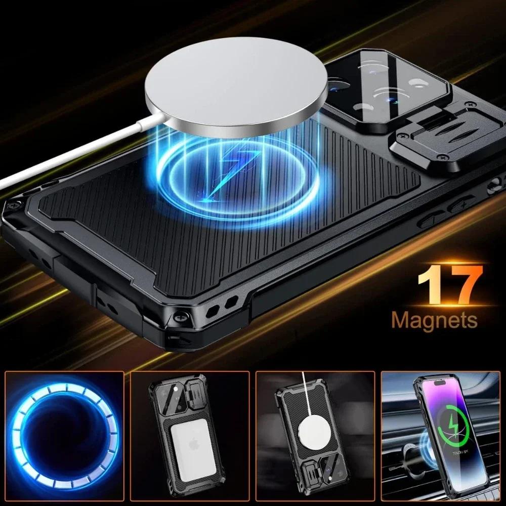 For iPhone 16 15 Plus 14 Pro Max Aluminum Metal Shockproof Magnetic Case Heavy Duty Armor Cover With Screen Protector Lens Stand