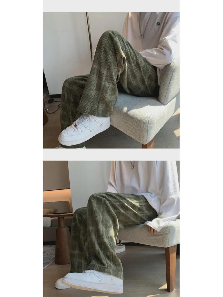 Herren Kord Plaid Lässige Weitbein Hose - Hong Kong Stil, Trendy, Locker sitzend, Gerade Bein Hose