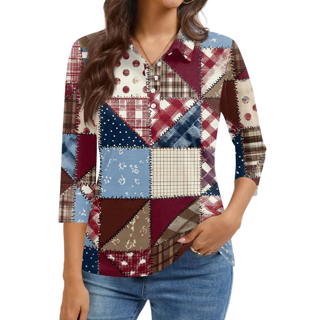 Damenmode Lässig Revers Kurz 3/4 Ärmel Print Hemd Damen Knopfleiste Oberteile