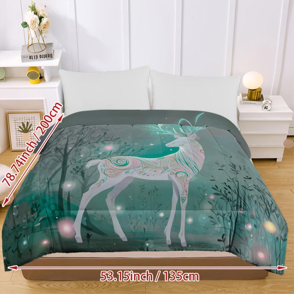 1pc Luxury Winter Forest Deer Quilt - Turquoise Green & White All-Season Bedspread, Ultra-Soft Breathable Comforter with Deer