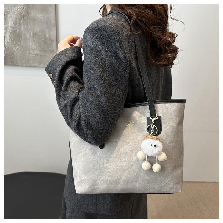 Simple Solid Color Tote Bag Women Large Capacity Faux Leather Shoulder Handbag Urban Commuter Bucket Purse