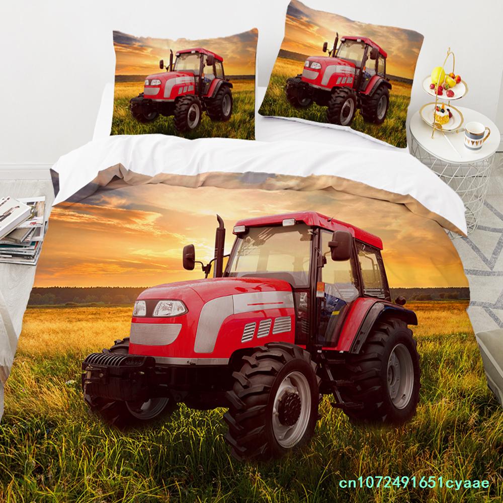 Tractor King Queen Duvet Cover Kids Car Excavating Machinery Bedding Set Farm Vehicle Tool Quilt Cover Polyester Comforter Cover