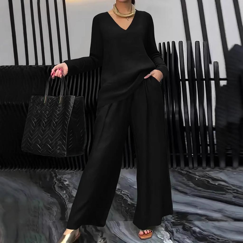 Damen Royalblau V-Ausschnitt Langarm Top und Weite Hosen Set