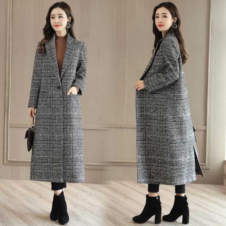 Woolen Coat Women's New Style Retro Plaid Mid-length Woolen Coat Korean Style Loose Autumn and Winter Coat