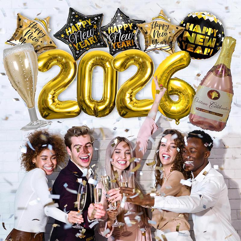 Zestaw 6/7/11 szt. balonów foliowych na Nowy Rok Złote balony z cyframi Duży balon w kształcie butelki wina Dekoracja na imprezę Sylwestrową