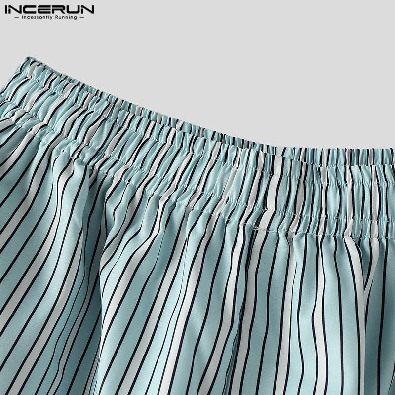INCERUN Men Elastic Waist Pants Casual Home Wear Striped Print Long Trousers