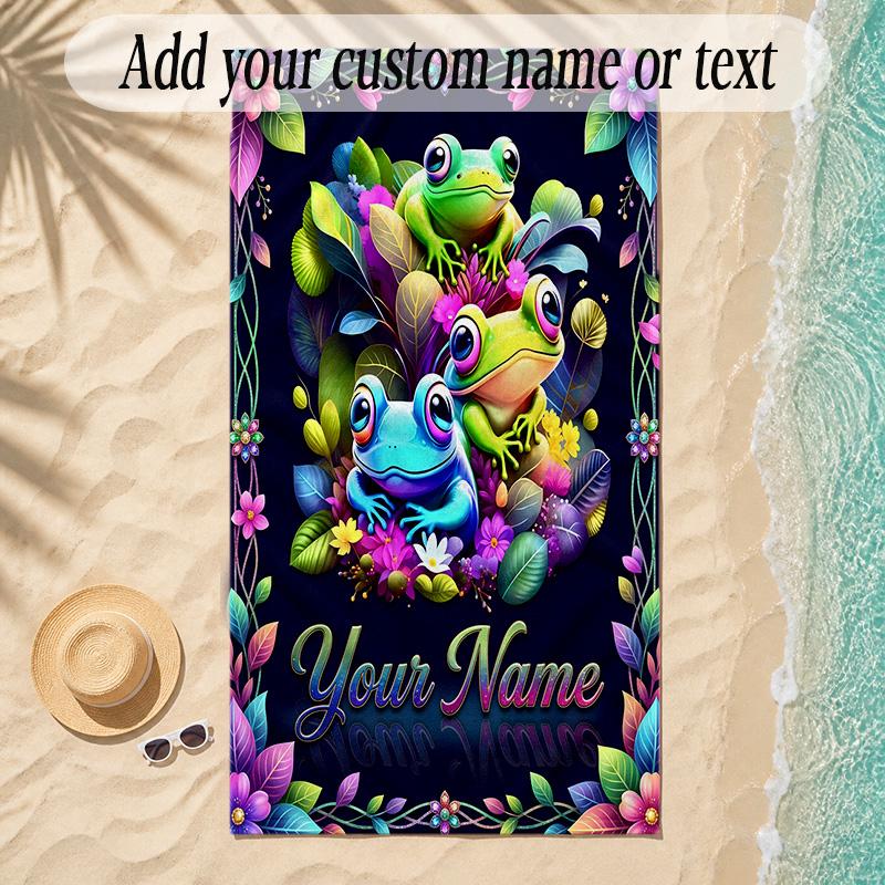 Frog Theme Soft Beach Towel Personalized Custom Name Text Towel Portable for Beach Pool Travel