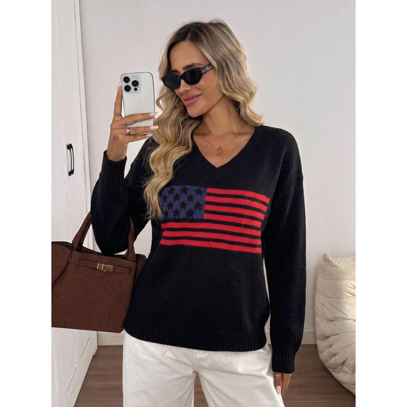 Autumn/Winter V-Neck Knit Sweater for Women - American Flag Jacquard Pattern