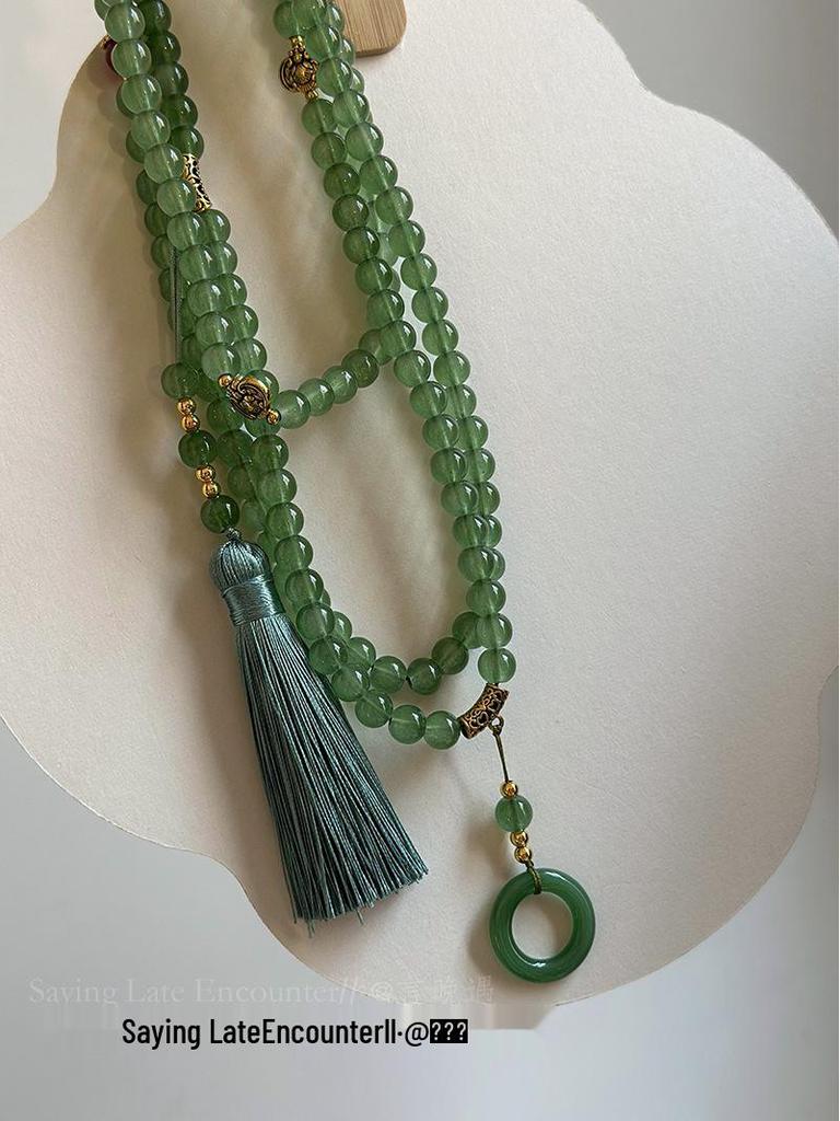 108-Bead Green Tassel Necklace - Long Chinese-Style Sweater Chain Accessory