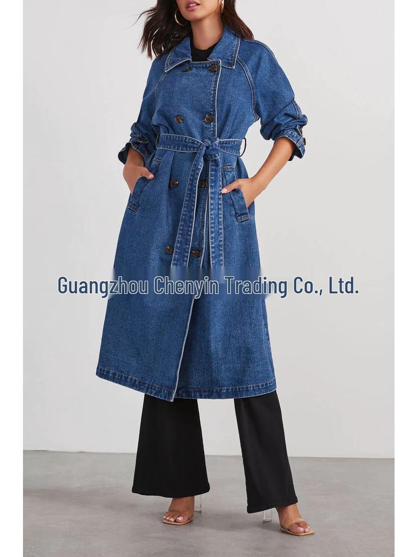 

Европейское и американское женское свободное джинсовое пальто-ветровка на осень/зиму с двойными карманами XXL джинсовый синий