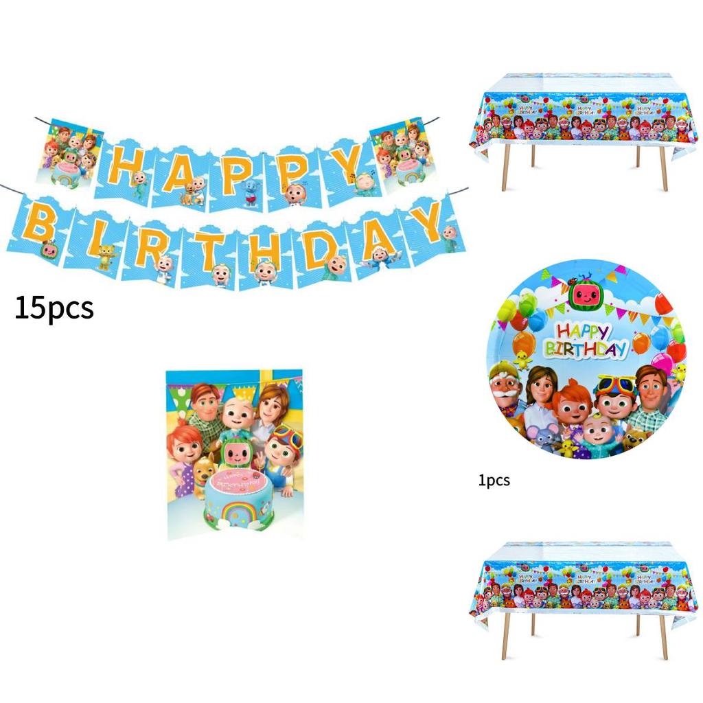 Cartoon Birthday Party Decoration Pack With Paper Dishware And Festive Flags For Kids Event
