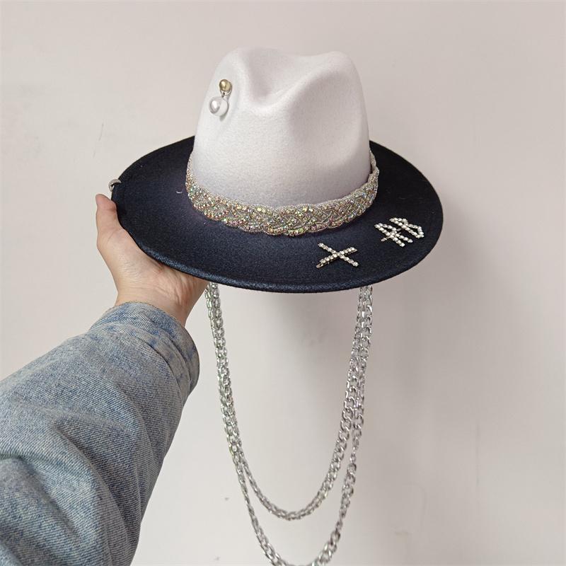 White straw hat pearl chain DIY flat top sun hat new Korean elastic ribbon hat beach hat candy color sun hat