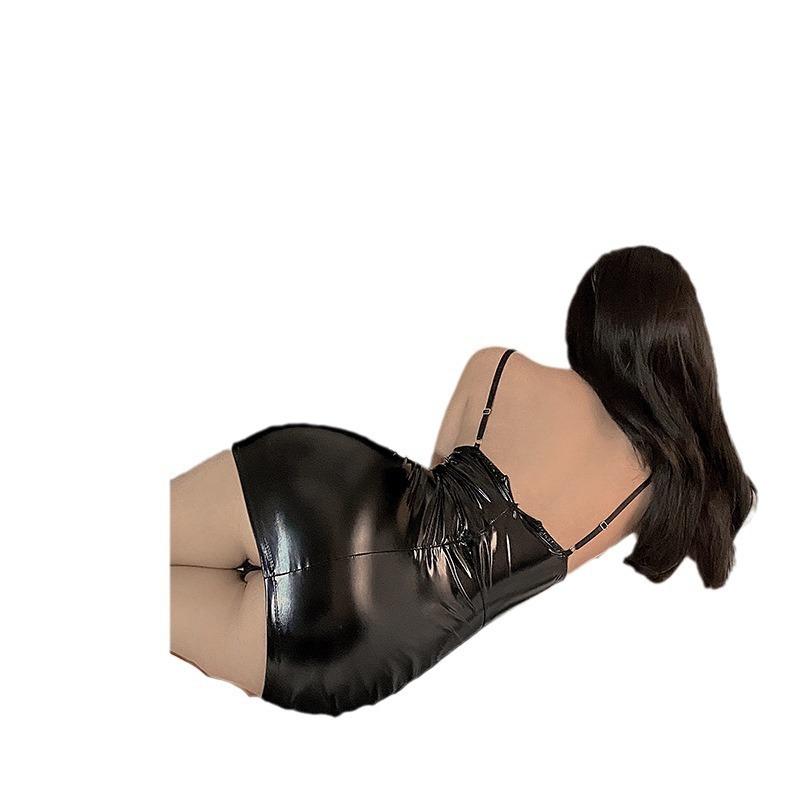 Sexy Patent Leather Demon Hip Skirt Tight and Thin Suspenders Nightclub Uniform Pure Lust Hottie Lingerie Little Devil