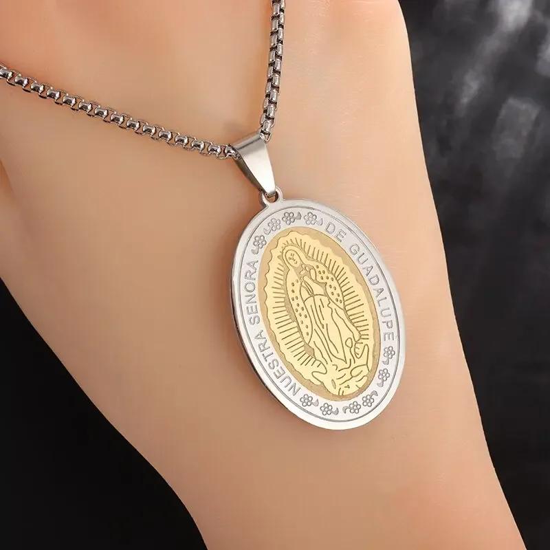 Exquisite Zircon Catholic Virgin Mary of Guadalupe Medal Necklace Women's Fashion Good Luck Amulet Jewelry