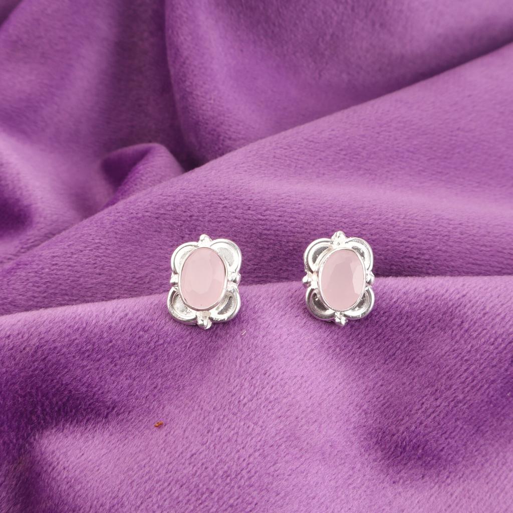 Rose Chalcedony Gemstone Stud Wife Gift Wedding Earrings Jewelry Sterling Silver EE-149-8