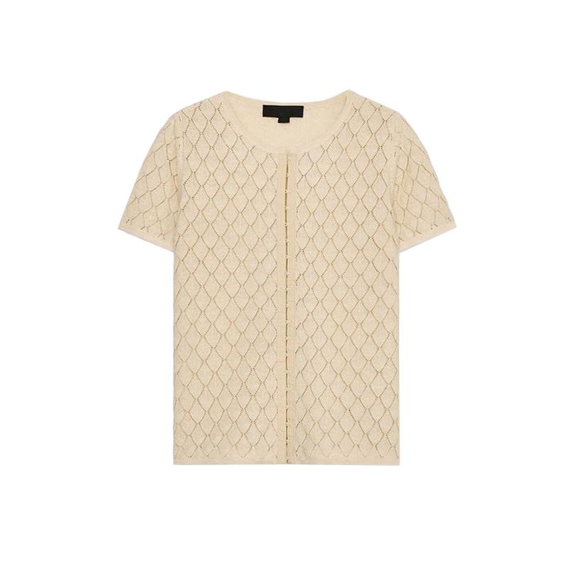 Summer Women's Clothing Fashion Style Metal Hook Ornament Texture round Neck Short Sleeve Simple Knitting Outwear 4192044