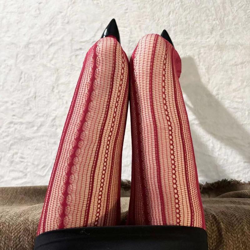 

Женские сексуальные кружевные сетчатые колготки в стиле Лолиты с ажурным дизайном, красные шелковые чулки JK с высокой талией, полосатые колготки, рождественские подарки One Size вино красного