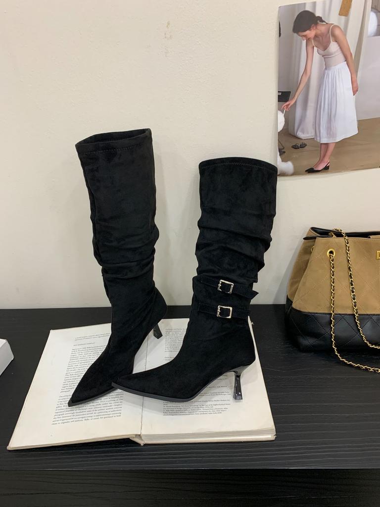 High-heeled boots women's 2025 autumn and winter new pointed-toed high-heeled European and American belt buckle high-heeled knight stacked boots