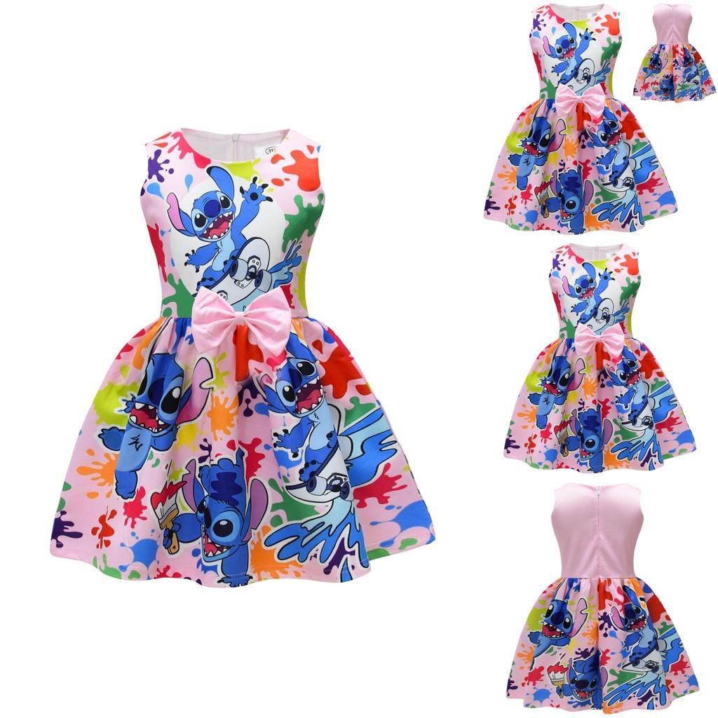 Vestido de Menina Lilo Stitch Com Laço de Borboleta Poliéster Algodão Para Primavera Outono Brincadeiras