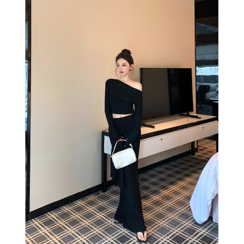 Retro fashionable design straps shoulder T-shirt top half-body skirt autumn new suit women's trend