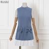 ZANZEA Women Elegant Round Neck Casual Sleeveless Splice Pleated Short Dress