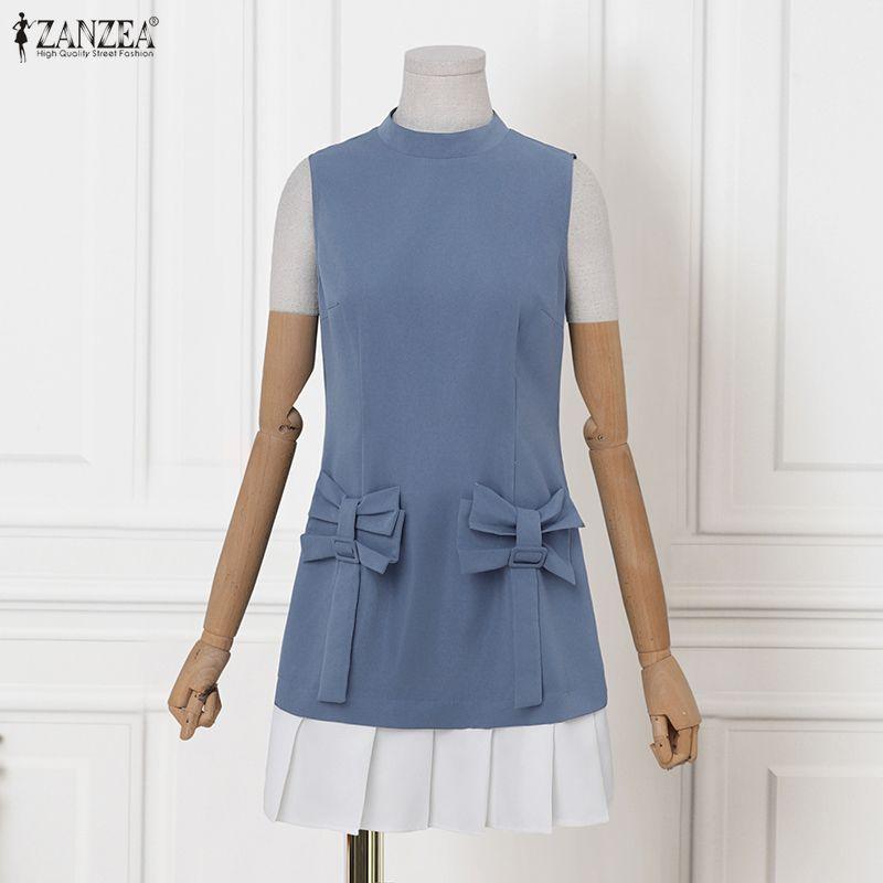 ZANZEA Women Elegant Round Neck Casual Sleeveless Splice Pleated Short Dress
