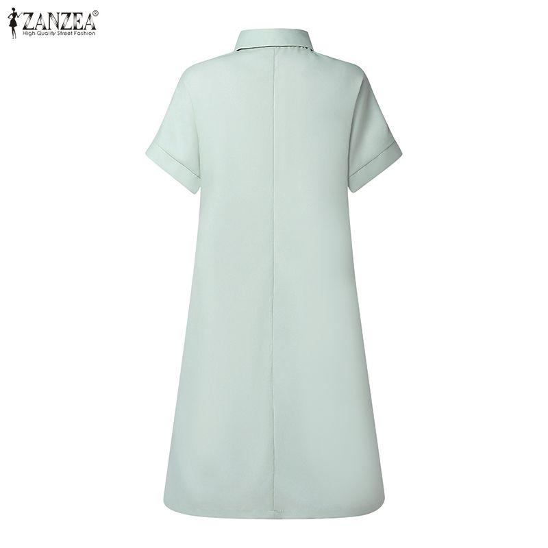 ZANZEA Women Casual Turn Down Collar Short Sleeve Print Shirt Dress