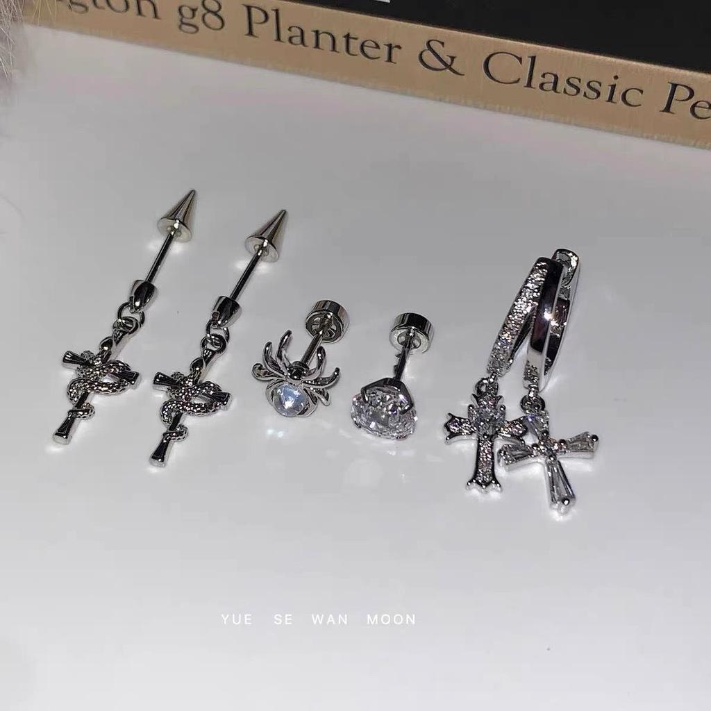 Sparkling Snake & Spider Cross Zirconia Titanium Hoop Earrings