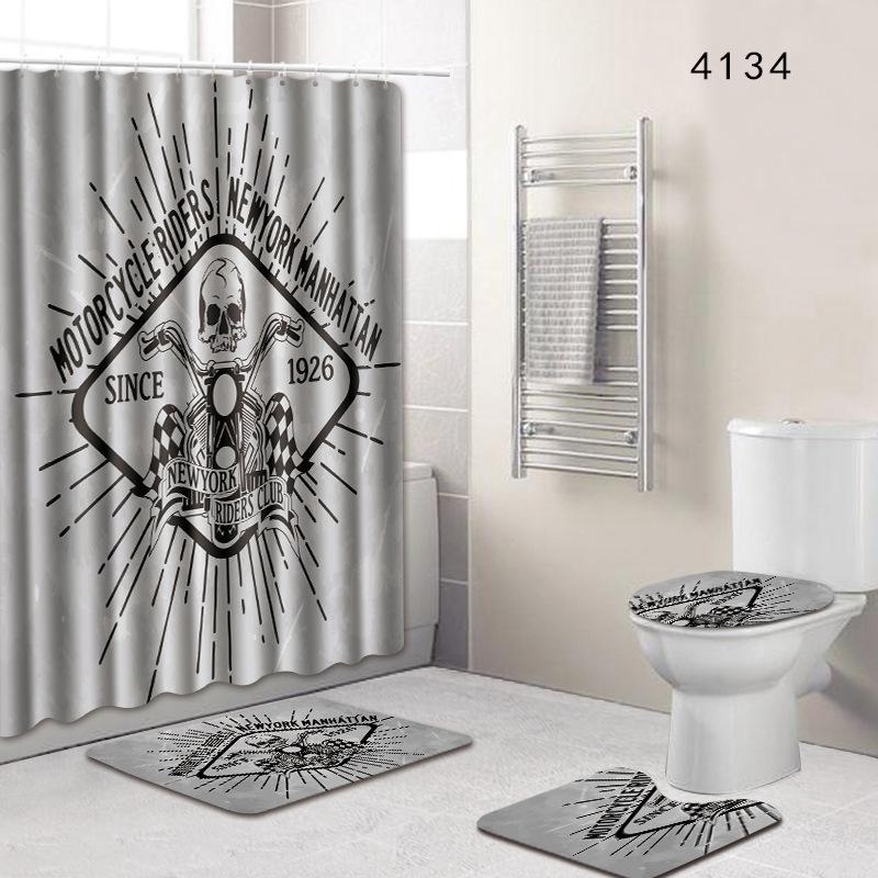 Skull Bathroom Shower Curtain Floor Mat Toilet Cover Foot Pad Four-Piece Pattern Size Fixed Zhi