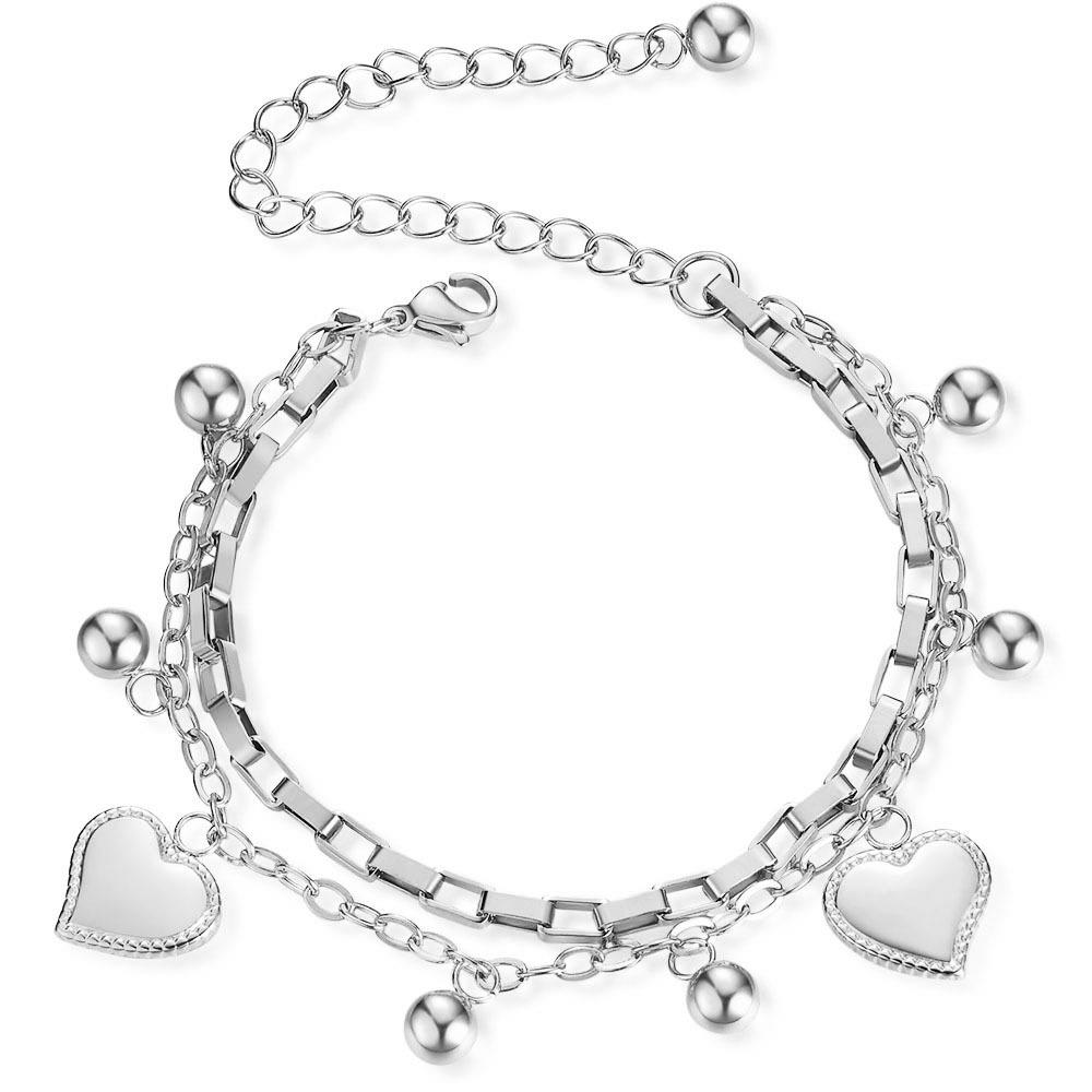 European & Ins Style Multi-layer Heart Bracelet with Smooth Round Stainless Steel Beads