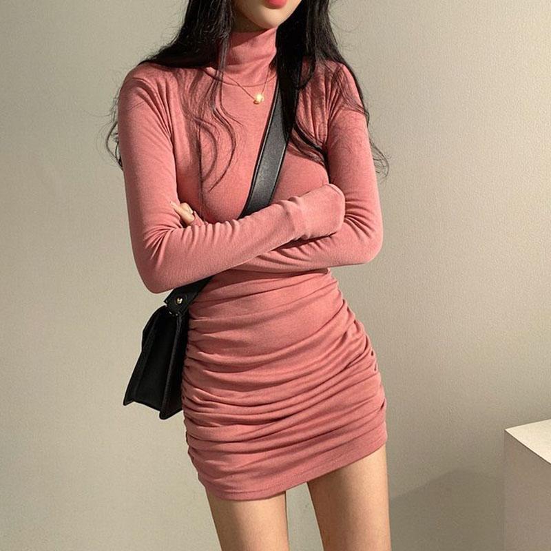 Sexy High Waist Bandage Dresses for Women Thicken Slim Elastic Turtleneck Dress Woman Solid Color Long Sleeve Inner Wear Dresses