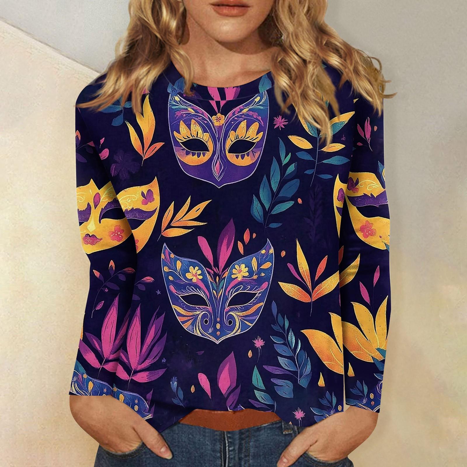 

Рубашки с длинным рукавом для женщин Милые принты Графические футболки Блузки Нарядные повседневные блузки Плиссированные туники с круглым вырезом Топы Рождество XL