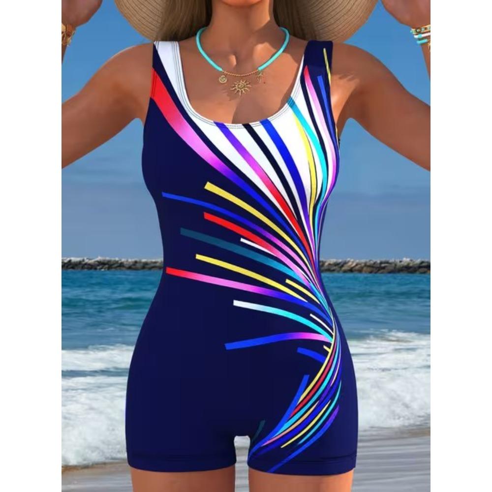 Summer Beach Pool Wear Geometric Pattern Printed One Piece Boy Short Swimsuit Women Athletic Slim Fit Bathing Suit