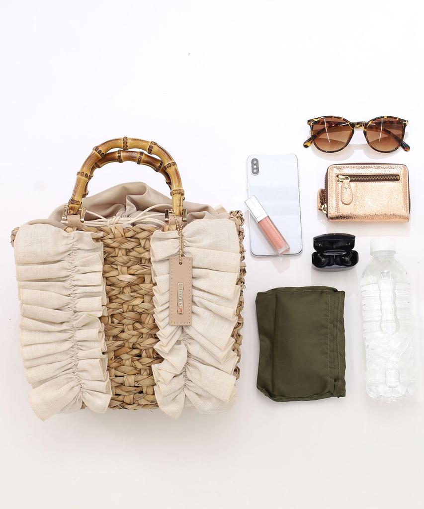 Samir Nasri Ruffled Bamboo Handle Tote Beige Women's Bag, (050)