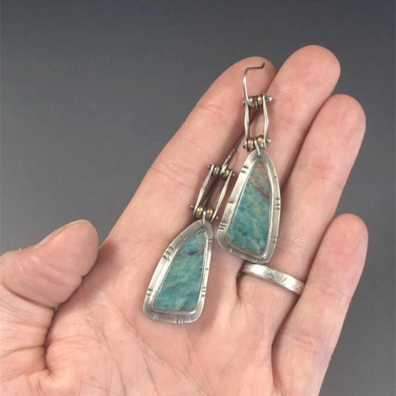 Long Irregular Triangle Pattern Hook Earrings Vintage Two Tone Metal Carving Personalized Handmade Dangle Earrings for Women