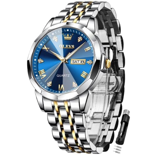

OLEVS Men s Stylish Quartz Watch, Waterproof, Simple Design, Diamond-Like Dial, Stainless Steel Band, Date Display, Luminous Design, Blue